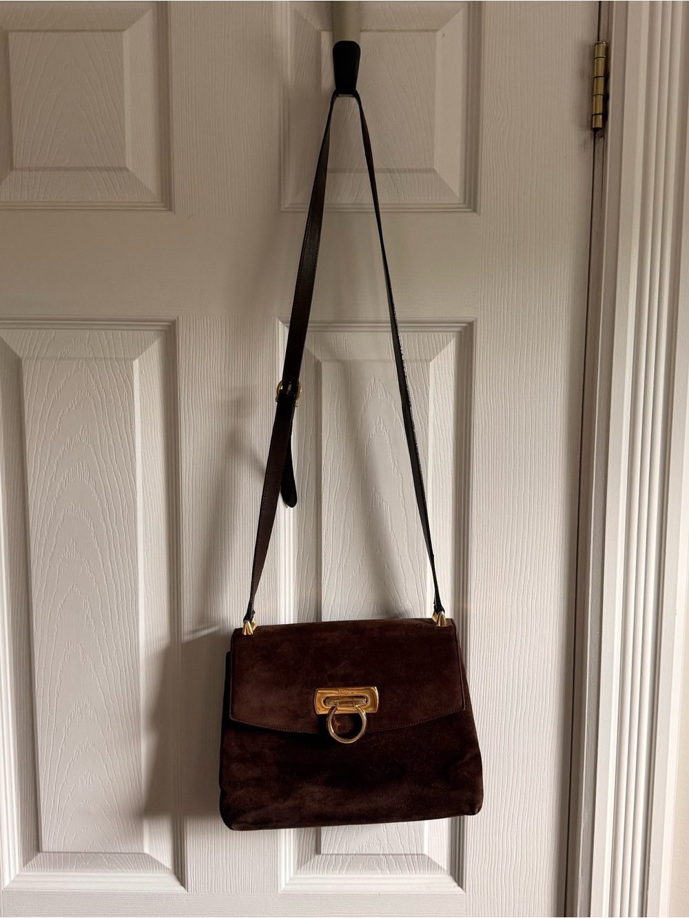 Authentic 90s Vintage Ferragamo Brown Suede Gancini Shoulder Bag